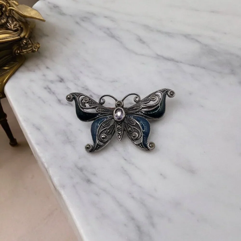 Sterling Silver 925 Faceted Amethyst Marcasite Enameled Butterfly Brooch Pin VTG